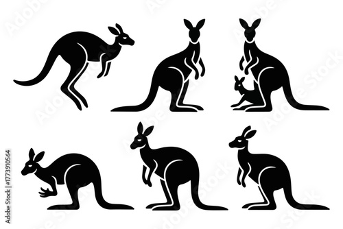 Set of six silhouette illustrations of kangaroos, showcasing various poses and orientations in a clean, minimalist style