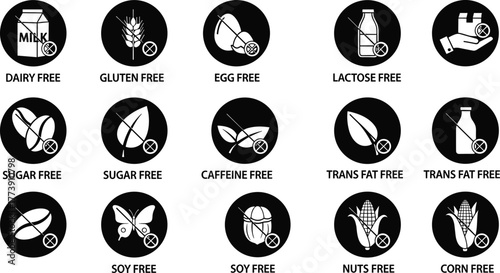 15 allergen-free icons, dietary restriction symbols, black circular style, food safety, packaging design, vector illustration, editable stroke, professional concept
