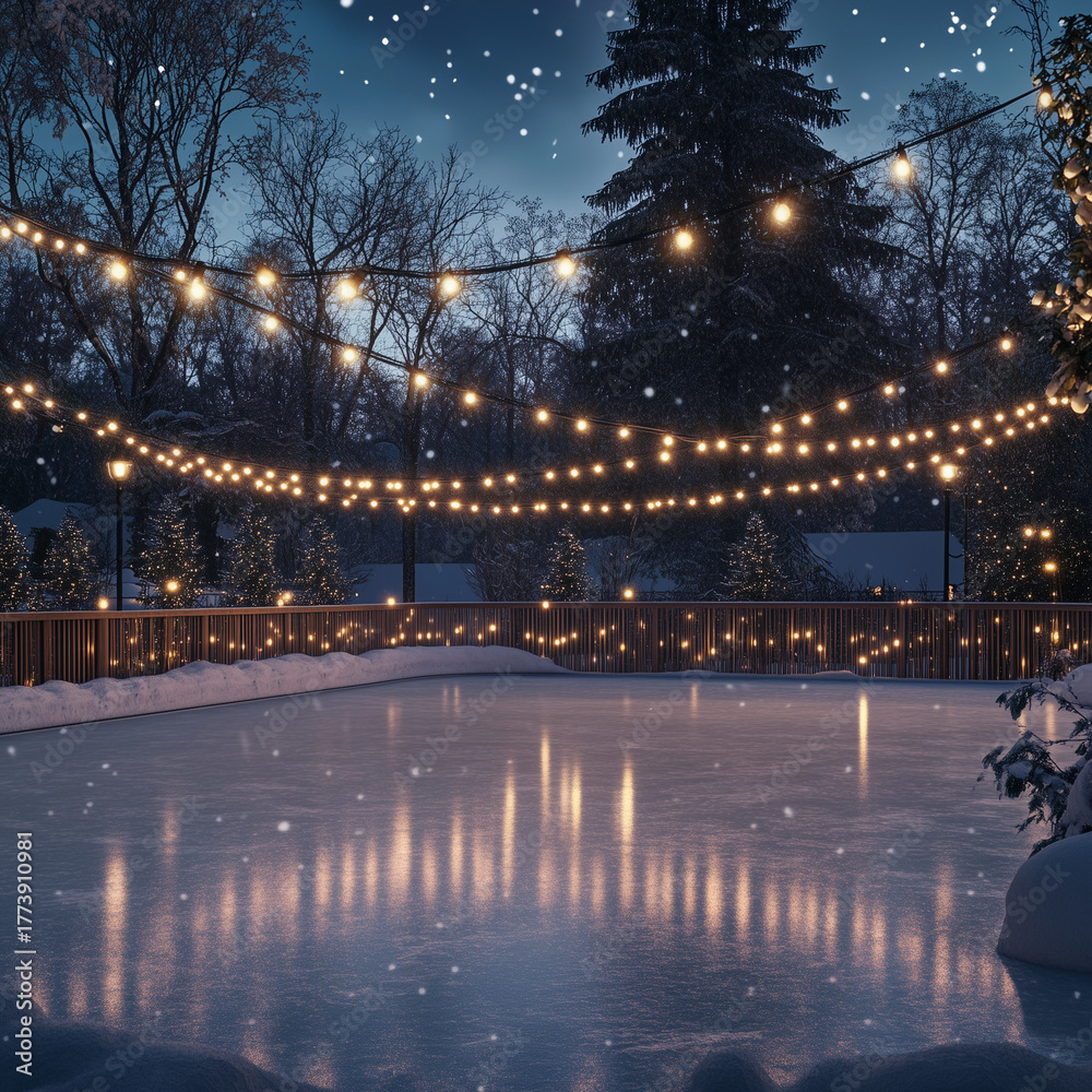 Fototapeta premium Winter ice skating rink decorated with lights under falling snow 