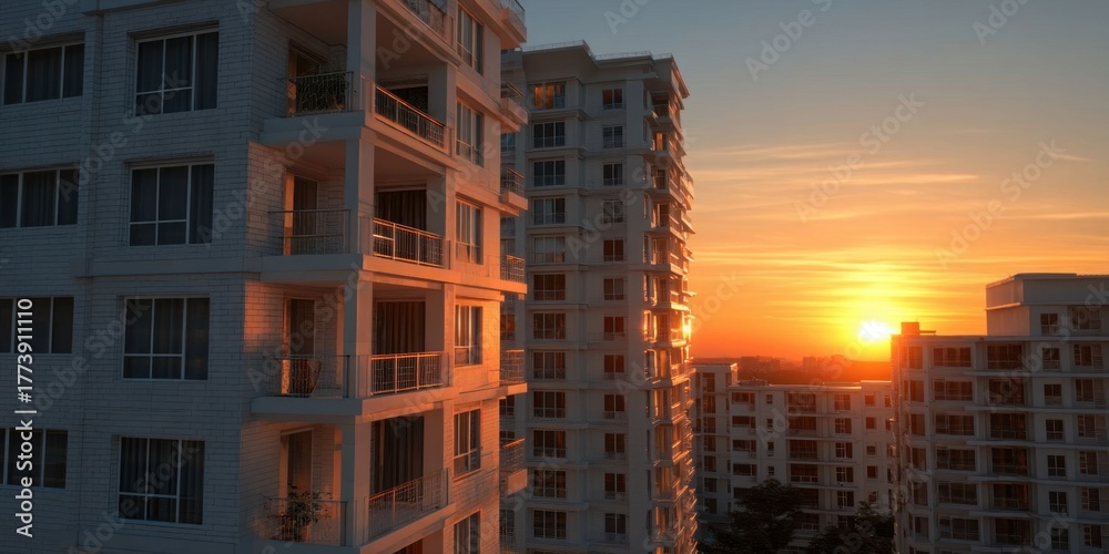 Fototapeta premium Modern Apartment Buildings at Sunset with Warm Lighting