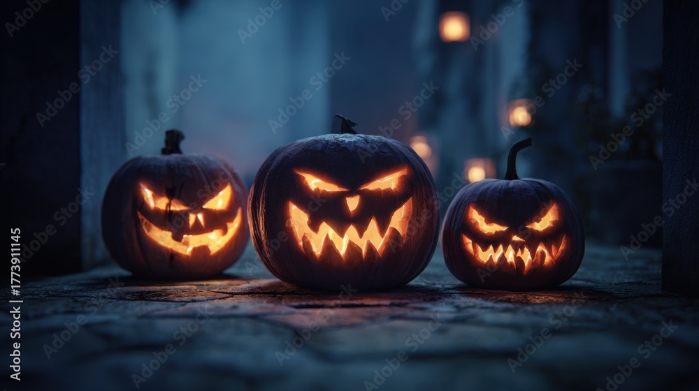 Obraz premium eerie glowing Halloween pumpkins dark street