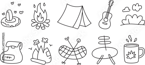 Camping Outline Icons Set | Summer Camp Activities, Campfire, Tent, Guitar and Nature Elements for Coloring Books and Educational Materials