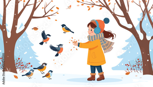 A young girl in winter clothing feeding birds in a snowy forest landscape.