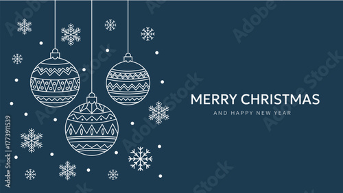 Merry christmas card vector template, xmas baubles snowflakes holiday greeting.