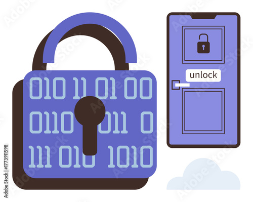 Padlock with binary code and locked door labeled unlock represent cybersecurity, encryption, data access, privacy, digital safety, IT systems, secure online activity. Ideal for simple flat metaphor