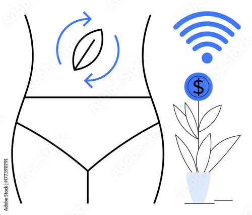 Minimalist illustration of a human torso with a leaf, growth arrows, plant, dollar sign, and wireless. Ideal for health, wellness, growth, financial management sustainability technology simple