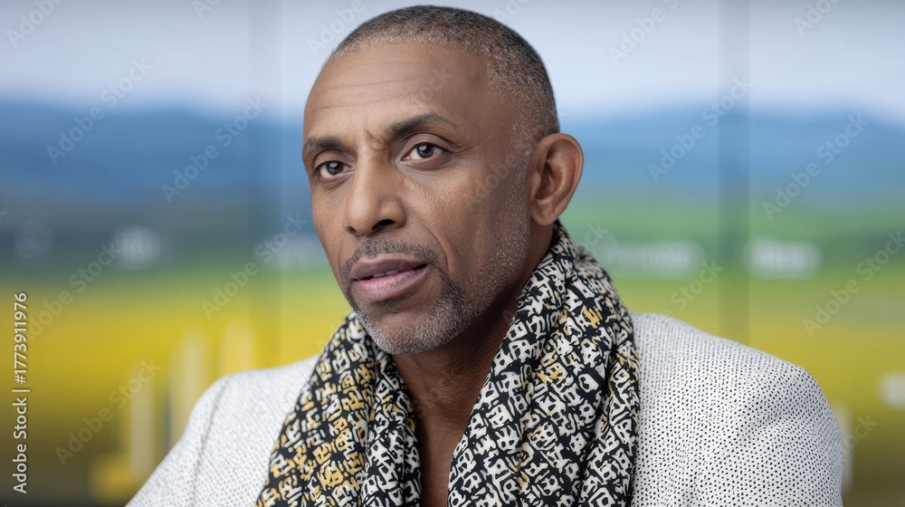 Fototapeta premium Mature african american man with stylish scarf, is engaged in thoughtful conversation, showcasing expressive features and a confident demeanor, set against a blurred natural background with soft color