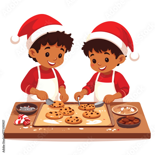Two boys wearing Santa hats are baking chocolate chip cookies together on a baking sheet.