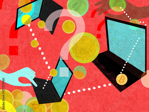 Question mark over hand transferring cryptocurrency using laptop