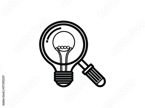 Outline light bulb with magnifying glass and filament detail on white icon symbol