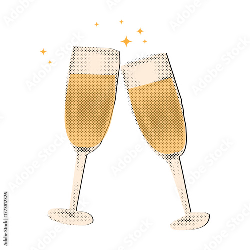 Trendy halftone collage ,champagne toast celebration two champagne glasses, cheers with sparkling stars