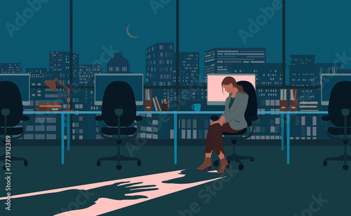 Shadowy hand reaching for woman working in office alone at night