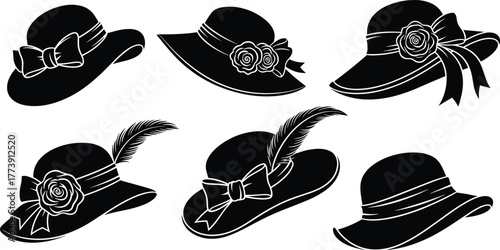 Elegant women hats silhouette collection, fashion accessories with bows, roses, ribbons, feathers, stylish headwear design set – cad drawing flat vector illustration