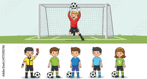 Cartoon soccer characters, goalkeeper save, referee with red card, kids with footballs, sports illustration, team players, outdoor field scene