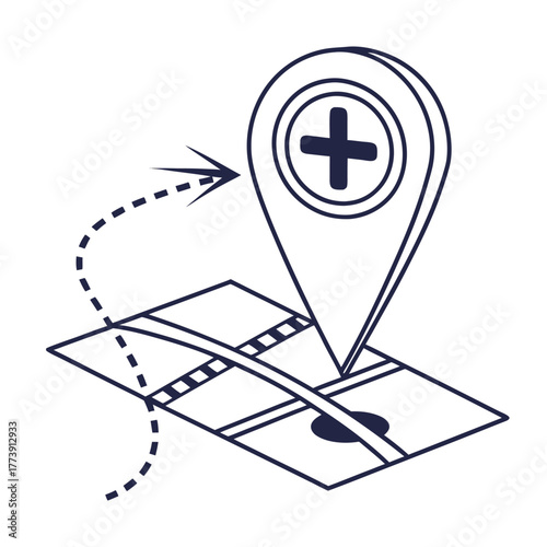 Conceptual graphic of an optimized digital map leading to a vital healthcare facility, emphasizing smart and efficient medical access and intelligent navigation solutions