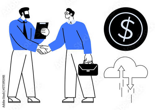 Two professionals shake hands, one holding a briefcase, emphasizing collaboration. Additional elements include a dollar sign and cloud upload icon. Ideal for finance, partnerships, teamwork, business