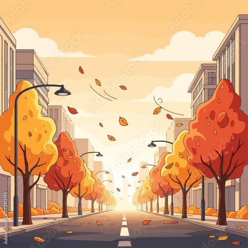 Autumn Cityscape A Serene Road Lined with Vibrant Trees and Floating Leaves in an Urban Setting