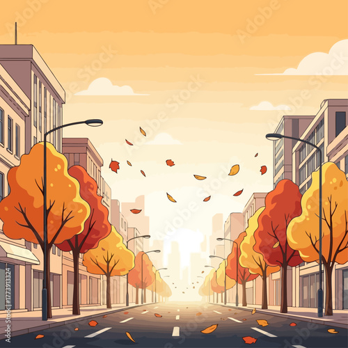 Autumn Cityscape A Serene Boulevard with Falling Leaves and Warm Colors Enhancing Urban Tranquility