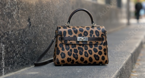 A stylish, leopard-print handbag sits on a ledge with a shoulder strap, near blurry figures