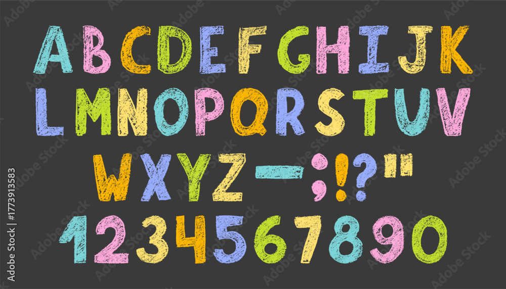 Crayon childish alphabet and numbers with pencil crayon texture. Hand drawn scribble letters and numbers in kids grunge style with crayon texture.