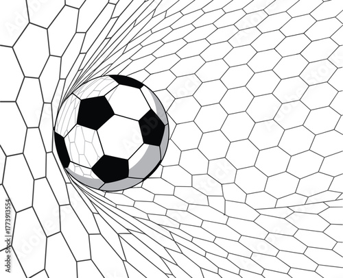 Soccer ball hitting net vector, goal scoring moment, black and white ball, hexagonal mesh deformation, sports action scene, editable illustration