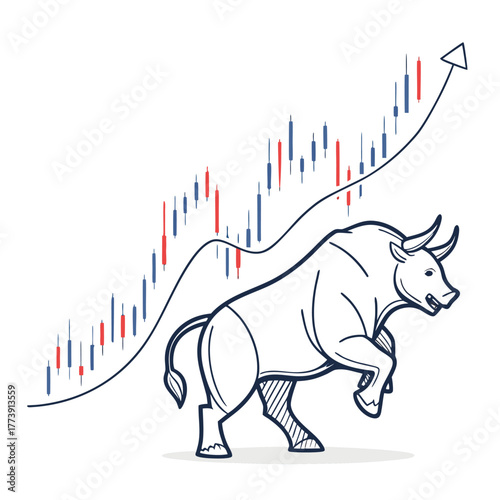 Financial concept of a bull market with a bull sketch and an ascending trading chart, symbolizing investment growth and economic success