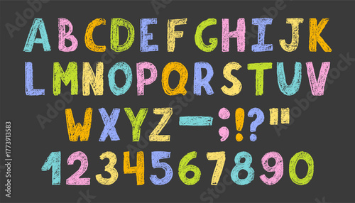 Crayon childish alphabet and numbers with pencil crayon texture. Hand drawn scribble letters and numbers in kids grunge style with crayon texture.