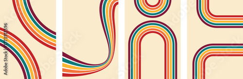 Stripe rainbow groovy posters set.  Vintage line psychedelic backgrounds. Retro line poster in retro groovy colors