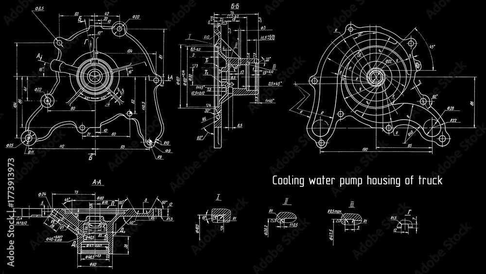Obraz premium Cooling water pump housing of truck. Engineering assembly mechanical drawing of automotive device on paper sheet. Industrial cad scheme. Technology design of machine building industry.