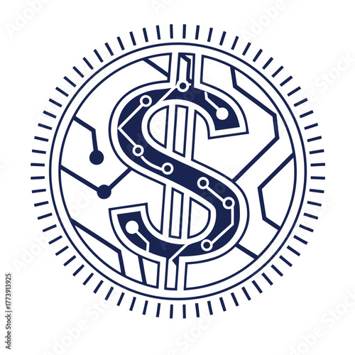 Digital dollar currency symbol designed as a circuit board, a financial technology outline icon perfect for an online investment app