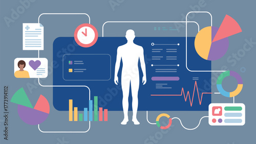 Health data dashboard vector showing temperature pulse glucose levels and vital signs with human figure reference ideal for medical presentation apps and healthcare analytics