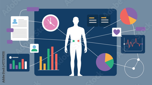Health data dashboard vector showing temperature pulse glucose levels and vital signs with human figure reference ideal for medical presentation apps and healthcare analytics