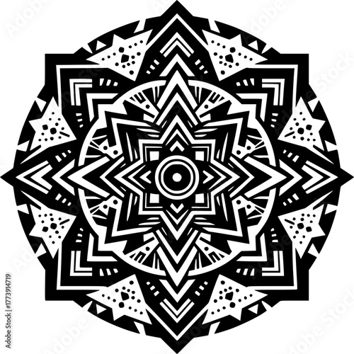 Geometric Harmony: An intricate black and white mandala pattern is a mesmerizing display of symmetrical geometric shapes, inviting contemplation and spiritual reflection.