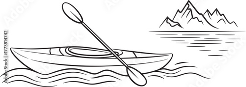 Kayak with Paddle on Lake with Mountain View Outline Illustration | Black and White Vector Line Art for Adventure and Recreation Designs