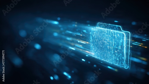 A glowing digital folder surrounded by flowing binary code, representing data transfer and technology in a futuristic setting.