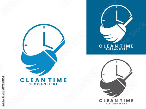 Clean time logo design vector template. Combination broom with clock logo design icon
