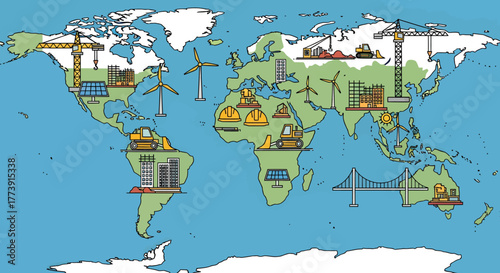 Global Construction  Infrastructure World Map with Buildings, Cranes, and Renewable Energy