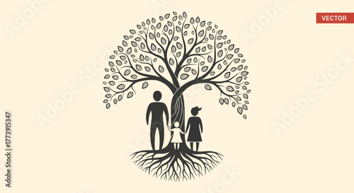 Family Tree Silhouette Father, Daughter, Son, Roots, Leaves, Genealogy