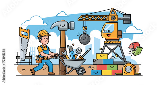 Construction Worker with Tools, Cartoon Building Site Illustration