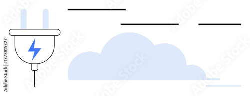 Power plug with lightning icon next to a cloud highlights renewable energy, eco-awareness, technology, and connectivity. Ideal for sustainability, energy efficiency, technology, cloud services