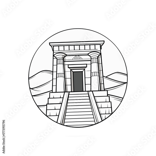 Egyptian Temple Icon Graphic Design in Circular Frame with Desert Landscape