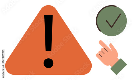 Orange warning triangle with exclamation mark, green checkmark, and pointing hand. Ideal for alert, caution, decision-making, approval, safety instruction problem resolution. Simple flat metaphor