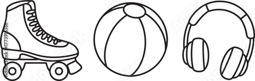 Roller Skate Beach Ball and Headphones Outline | Black and White Line Art for Coloring Books, Educational Materials and Summer Activity Designs