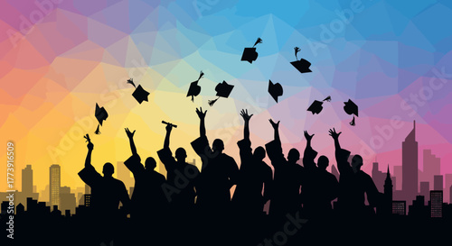 Graduation Celebration Silhouette Students Throwing Caps, Colorful Background