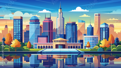 Very beautiful panoramic view of Indianapolis, Indiana, USA skyline, showcasing modern skyscrapers, reflective glass towers, and scenic riverside parks under a clear blue sky at golden hour.