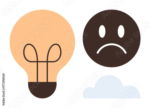 Light bulb representing ideas alongside a sad face and cloud symbolizing challenges, disappointment, or mental struggles. Ideal for problem-solving, mental health, emotions, creativity