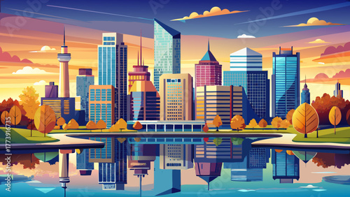 Very beautiful panoramic view of Indianapolis, Indiana, USA skyline, showcasing modern skyscrapers, reflective glass towers, and scenic riverside parks under a clear blue sky at golden hour.