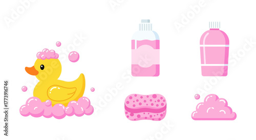Cute Bath Time Essentials - Duck, Soap, Sponge, and Bubbles.