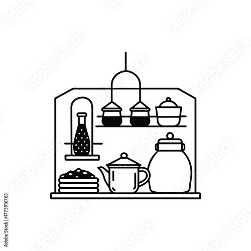 Kitchen utensils and ingredients organized on a shelf illustration style