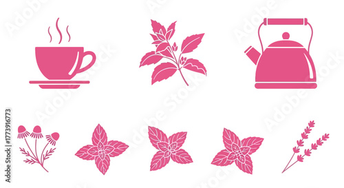 Herbal Tea Icons - Cup, Basil, Teapot, and Floral Elements.